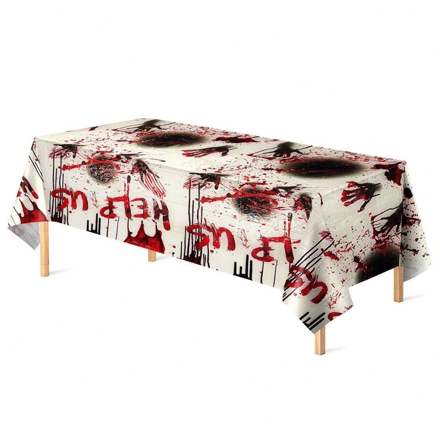 1pc Bloody Halloween Party Disposable Tablecloth, 110*78 Inch Plastic Backdrop Tablecloth For Gothic Birthday Party Decorations, Wipe Clean, Ideal For Halloween, Day Of The Dead Holiday Decor - Multicolor - View 1