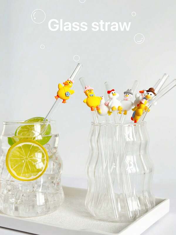 1pc Cute Cartoon Duck Glass Straw, Anti-Scald Anti-Lipstick Milk Tea Juice Beverage Cold Drink Colorful Cartoon Duck Bent Glass Straw