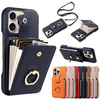 1pc Litchi Grain Multi-Card Slot Crossbody Leather Phone Case With Accordion Card Holder, Compatible With IPhone 17 Pro Max/17 Pro/Air/17/16 Pro Max/16/15/14/13/12/11, A16 Series, Anti-Fall Anti-Theft Protective Cover