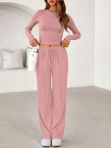 Women Fall Two Piece Outfits Ribbed Knit Long Sleeve Crop Top Drawstring Elastic High Waist Wide Leg Pants Matching Lounge Set Spring Autumn Airport Sport Outfits - 粉色 - 查看 3