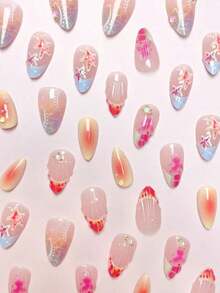 30Pcs/Set Y2K Summer Colorful Ocean Element Short Almond Shaped Press-On Nails, Featuring 3D Embossed Starfish, Blue Tie Dye, Shell, Rhinestone & Gold Faux Pearl Decor, Great For Daily Wear & Beach Essentials For Girls/Ladies Nail Supplies Nails - Multicolor - View 3