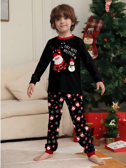 2 件装小男孩圣诞老人与雪人图案印花圆领下摆系带圣诞睡衣套装