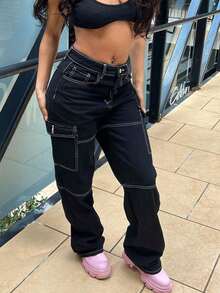 Quần jeans ống đứng ống đứng baggy túi nắp Y2K dành cho nữ - màu đen - Xem 5