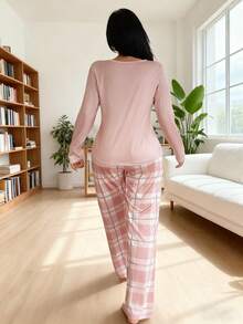 Conjunto de pijama de top de manga larga y pantalones con estampado de dibujos animados en color rosa para mujer, ropa de otoño e invierno - Rosa Pálido - Ver 2