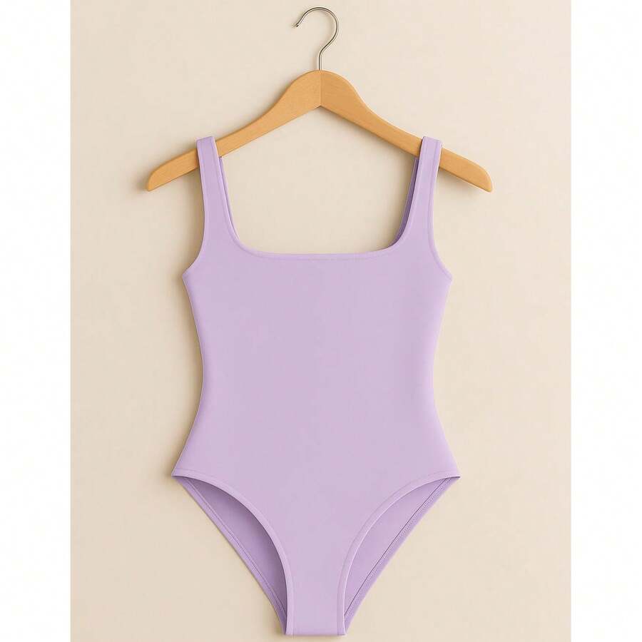 Women's Bori Bodysuit Square Neck Tank Top Thick Strap Basic Casual Blogger Suplex Various Colors Spring Summer - 紫丁香色 - 查看 1