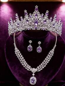 3pcs Royal Style Silver Jewelry Set - Crown, Necklace And Earrings Embellished With Purple Gemstones And Crystals, Ideal For Weddings And Pageants - Multicolor - View 6