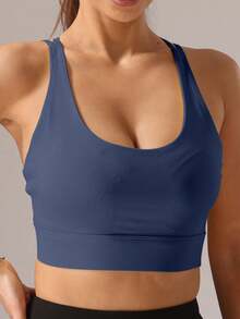 1pc Women's Elastic Yoga Sports Bra For Fitness & Outdoor Spring - Navy Blue - View 4