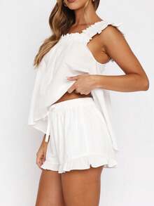 Womens Pajamas Set 2 Piece Ruffle Pj Soft Sleeveless Babydoll Tank Top And Drawstring Elastic Waist Wide Leg Shorts Sleepwear Nightwear Set Y2k Summer Lounge Set - 白色 - 查看 4