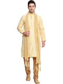 Men's Tunic Art Silk Kurta Pajama Pyjama Dupatta Set With Embroidery Zari Work  Clothing Dress Gifts Itemshalloween - 綠色 - 查看 5