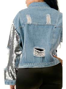 Sequin Sleeve Distressed Denim Crop Jacket  Plain    Elegant  Party    Button Front  Pocket  Contrast Sequin    Vacation - Màu xanh lam - Xem 6