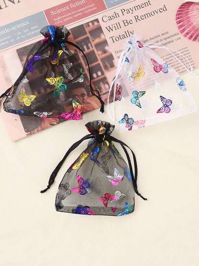 5/50/100PCS Gauze Bag Packaging, Drawstring Mesh Bag, Gilded Jewelry, Cosmetics, Drawstring Storage - Wedding Gift Bag - With Drawstring, Colorful Butterfly Butterfly Drawstring Organza Bag Gift Bag, Suitable For Parties, Jewelry, Christmas, Festivals, Bathroom Soap, Makeup Organza Gift Bag