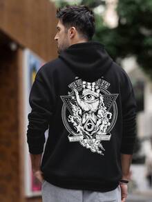 Plus Size Men's Autumn/Winter Mysterious Graphic Print Loose Fit Hoodie, Long Sleeve Top