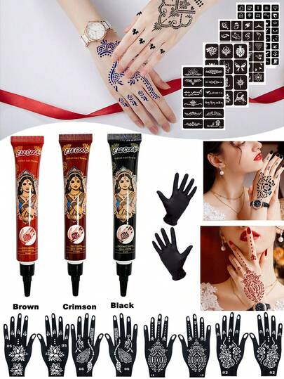 90pcs Henna Temporary Tattoo Stencils, Hollow Tattoo Template Variety, Semi-Permanent Tattoo Set, Suitable For Male/Female Body Art Painting, Festival Decoration Tattoo