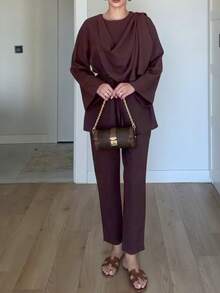 Women's Elegant Long Sleeve Top And Pants 2-Piece Set, Solid Color With Drawstring Pockets, Suitable For Office, Daily Wear, Airport, Spring/Autumn - Burgundy - View 7