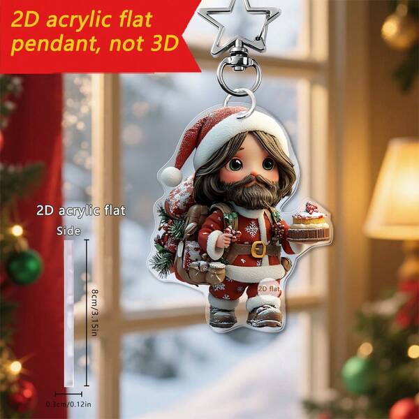 1/4 Pc, Cartoon Christmas Hat Wearing Jesus And Snowman Gift Box Acrylic Pendant, Used For Car Rearview Mirror Pendant, Backpack Keychain, Holiday Decoration, Holiday Charm Pendant, Home Decoration, Christmas Decoration, 2D