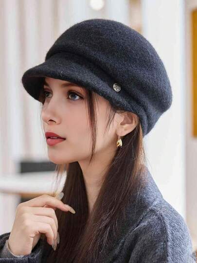 1 件女士秋冬新款韩版时尚百搭针织毛绒帽，大头围宽檐小脸遮阳帽，适合户外散步、滑雪、购物、日常穿着