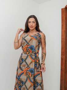 vestido feminino elegante ombro a ombro verao praia estampa 3D leve moda tendencia - Azul Royal - Visão 6