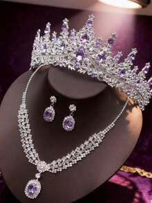 3pcs Royal Style Silver Jewelry Set - Crown, Necklace And Earrings Embellished With Purple Gemstones And Crystals, Ideal For Weddings And Pageants - Multicolor - View 7