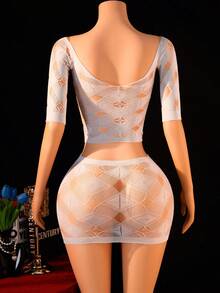 Bộ đồ lót gợi cảm 2 món dành cho nữ, áo crop top và chân váy ngắn ren trắng xuyên thấu họa tiết hình học, thích hợp mặc đi club. - trắng - Xem 2