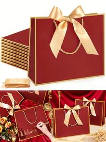 5pcs/1pc-Landscape-Style Kraft Paper Gift Bags, Shopping Bags, Packaging Bags With Handles, Bow-Decorated Handbags, Trick Or Treat, Halloween, White Large-Capacity Paper Bags, Halloween, Thanksgiving, Christmas, New Year, Wedding, Birthday Gift Packaging Bags, Simple Solid-Color Shopping Bags, Small Business Supplies