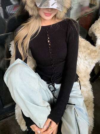 Solid Lace Up Front Knit Top
