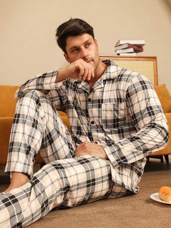 男士两件套睡衣，格子长袖纽扣上衣和长裤，休闲睡衣，冬季服装