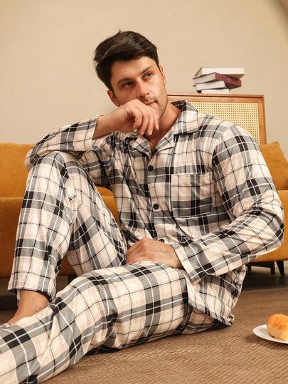 Conjunto de pijama masculino de 2 peças, camisa de manga comprida e calça comprida, cardigan com botões xadrez, roupa de dormir casual