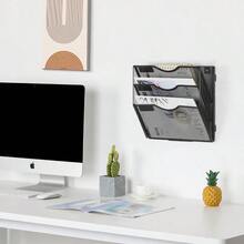 Wall File Holder Organizer 3 Pocket Mesh Hanging Wall Mounted Document Paper Folder Filing Magazine Rack With Nametag Label For Office Home School, Black - Black - View 7