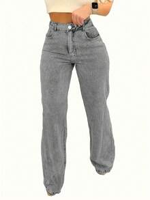 Women's Solid Color Casual Straight Jeans,Mid-Rise Wide Leg Jeans – Versatile Denim Pants For Women, Everyday & All-Season Wear - Grey - View 11