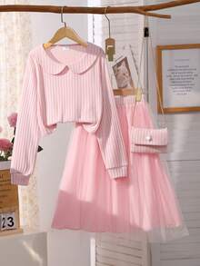 女童粉色 T 恤和网眼裙套装，秋冬，简约优雅彼得潘领长袖针织上衣 + 松紧腰褶皱网眼长裙，甜美两件套，搭配链条肩带针织斜挎包 - 粉色 - 查看 1