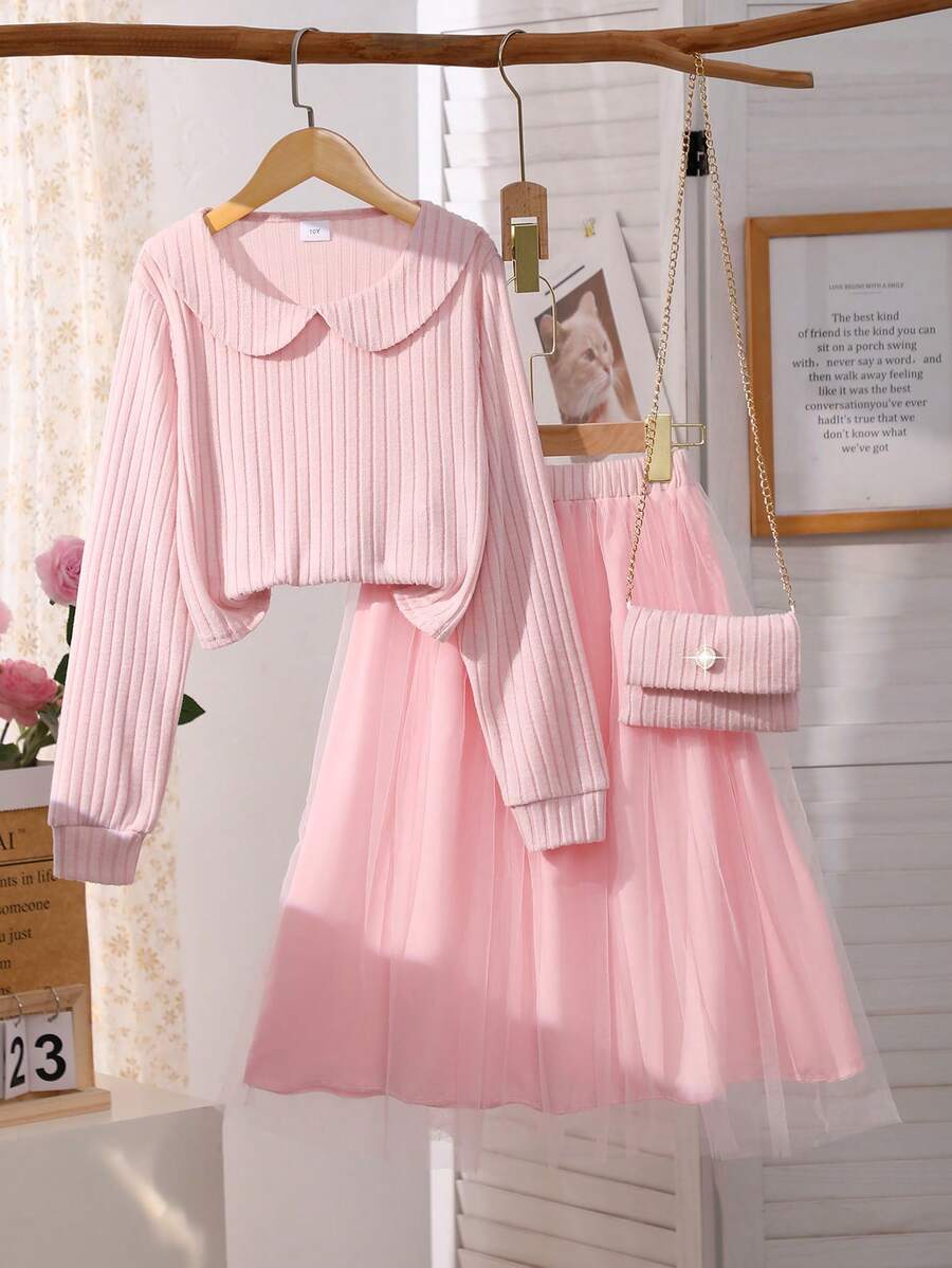 女童粉色 T 恤和网眼裙套装，秋冬，简约优雅彼得潘领长袖针织上衣 + 松紧腰褶皱网眼长裙，甜美两件套，搭配链条肩带针织斜挎包 - 粉色 - 查看 1