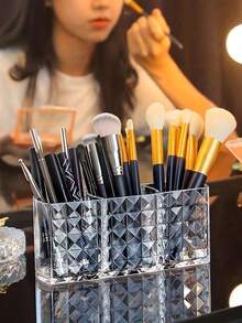 3-Compartment Transparent Plastic Makeup Organizer Box, Lightweight Cosmetic Storage Case For Lipstick, Eyebrow Pencil, Brushes, Suitable For Vanity, Bathroom, Bedroom, Dorm, Great Gift For Women, Holiday, Halloween, Christmas - Multicolor - View 3