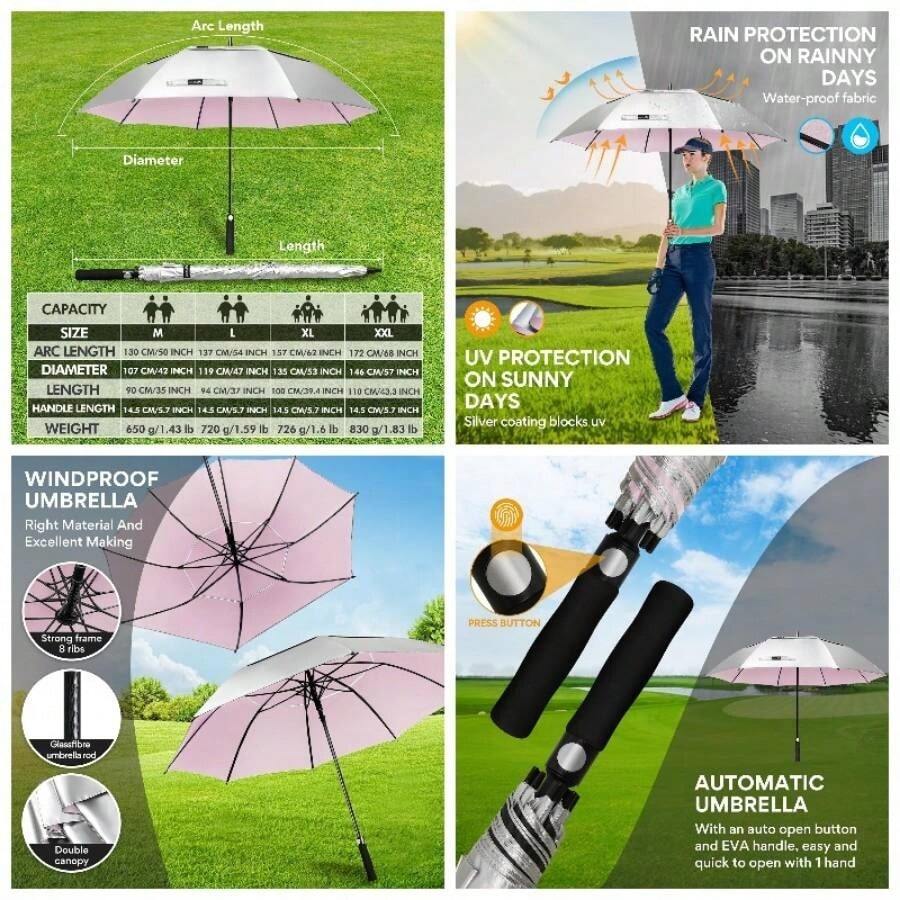 Paraguas de 50546268 Pulgadas - Resistente al Viento UPF 50+ Proteccin Doble Toldo, Paraguas Automtico con 8 Varillas Fibra de Vidrio para Hombres y Mujeres - Plata/Rosa + 54 Pulgadas - Ver 1