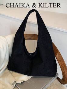 1 件 Low Tea 纯色绒面面料单肩包，女士复古时尚新月形单肩包，顶部单手设计，按扣闭合，适合旅行、购物、约会、女士礼物，非常适合通勤、户外、旅行、徒步旅行和外出 - 黑色 - 查看 2