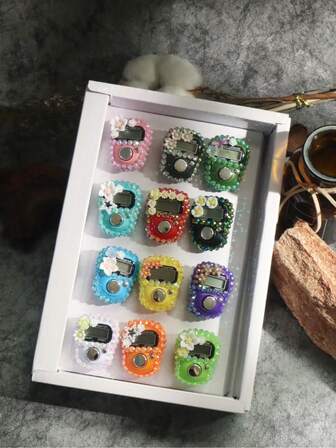 1 pieza Set de 12 contadores de botón manual con flores y decorados de rhinestone, contador de anillo portátil y compacto, contador de pulgar, adecuado para aprendizaje, deportes y otras actividades de conteo