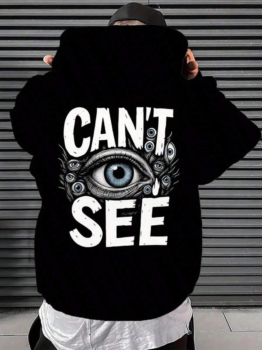 Men's Gothic "Can't See" Eye Graphic Hooded Sweatshirt - Black & White Streetwear Pullover With Front Pocket, Soft Comfortable Fabric, All-Season Casual Sweater For Men, Y Statement Piece For Themed Events & Casual Attire (Machine Washable) - Ideal For Young Adults & Urban Fashion, Long Sleeve Regular Fit With Bold Back Print, Relaxed Fit For Autumn/Winter, Versatile Layering, Funny Hoodie, Hoodies, Mens Hoodies, Mens Hoodies Men Hoodies, Sweatshirt Men, Halloween,,Fall Hoodies,Men's Fall Clothes,Street Wear,Halloween,Mens Hoodies,Y2k Clothes,Jesus Hoodie,Thanksgiving Day,Nightmare Before Christmas,Christmas - màu đen - Xem 1