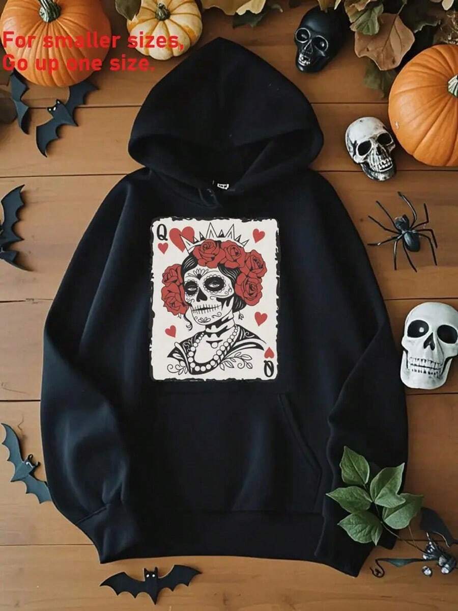 Men's Oversized Cotton Hoodie With Queen Of Hearts Skull & Roses Graphic Print - Soft Warm Pullover, Pocket, Machine Washable, Casual Fall Winter Wear, Cozy Layering Essential, Ideal Gift,Fall Hoodies,Men's Fall Clothes,Street Wear,Halloween,Mens Hoodies,Y2k Clothes,Jesus Hoodie,Thanksgiving Day,Nightmare Before Christmas,Christmas - 黑色 - 查看 1