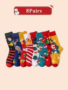 8 Pairs Random Christmas Socks With Cartoon Christmas Elements, Essential Socks For Women In Autumn/Winter - Multicolor - View 8