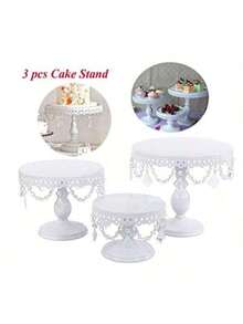 3Pcs Antique Cake Stand Set - Round Metal Cupcake Stands With Pendants And Beads - Elegant Dessert Display, For For Wedding, Birthday Party Decor,Dessert Table Display Set,Food Display Stands,Christmas Decorations For Home,Christmas Decor,Funny Gifts - White (new) - View 7