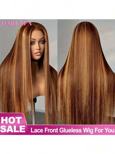 渐变色蕾丝前假发，真人发，28英寸，13x4直发挑染假发，250%密度，4/27色号，蜂蜜金棕色，高清蕾丝前假发，女士专用，无需胶水，预先拔毛，带婴儿发。