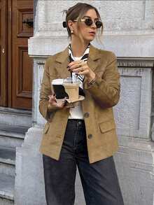 Jacke für Frauen, Vintage Frühlingsjacke mit Kragen, Tasche, Langarm, Einreiher, braune Anzugjacke, Blazer-Mantel, Damen Old Money Style Oberbekleidung