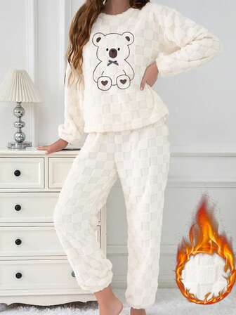 2件套女士珊瑚绒爱心熊蝴蝶结格子长袖长裤蓬松睡衣套装，保暖舒适冬季睡衣，理想礼物，秋冬服装