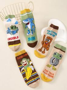 5 Pairs Cute Cartoon Shark & Monkey Print Children's Socks, Breathable & Moisture-Wicking, Mid-Calf Length, Suitable For Everyday Wear