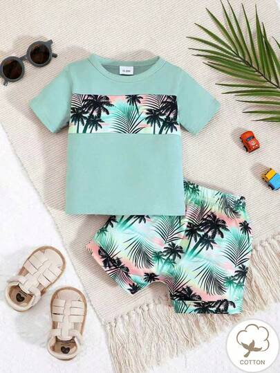 Baby Boy Summer Casual Coconut Tree & Sunset Print Patchwork Round Neck Short Sleeve T-Shirt & Full Print Shorts Set, Suitable For Beach Holiday, Vacation, Daily Wear