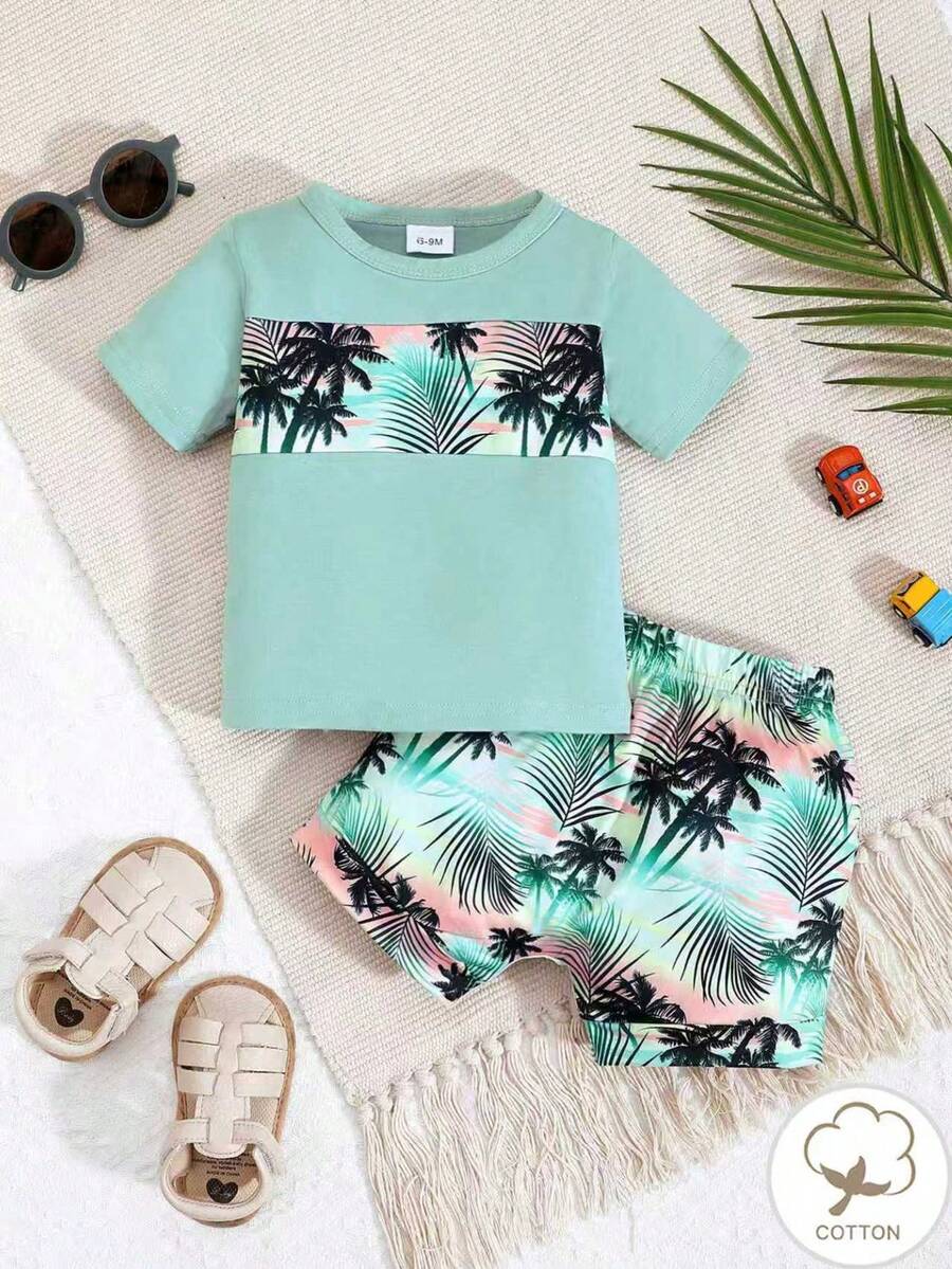 Baby Boy Summer Casual Coconut Tree & Sunset Print Patchwork Round Neck Short Sleeve T-Shirt & Full Print Shorts Set, Suitable For Beach Holiday, Vacation, Daily Wear