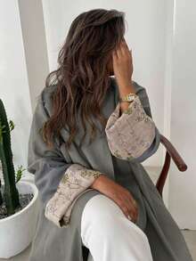 1pc Elegant Multi-Color Embroidered Women's Dress, Boho-Inspired Color Combination. Vintage Arabic Style Maxi Dress. Spring Fall - Grey - View 1