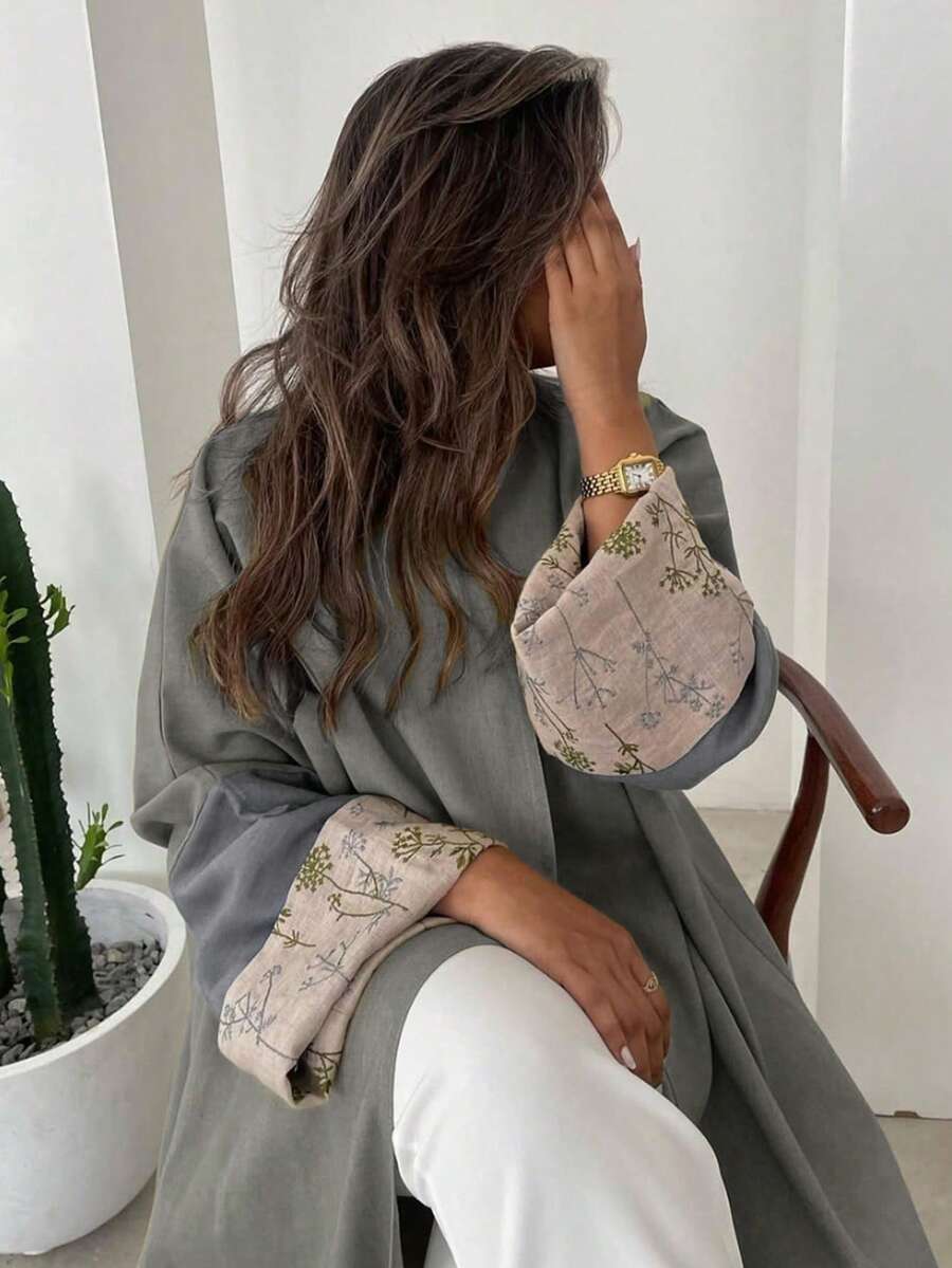 1pc Elegant Multi-Color Embroidered Women's Dress, Boho-Inspired Color Combination. Vintage Arabic Style Maxi Dress. Spring Fall - Grey - View 1