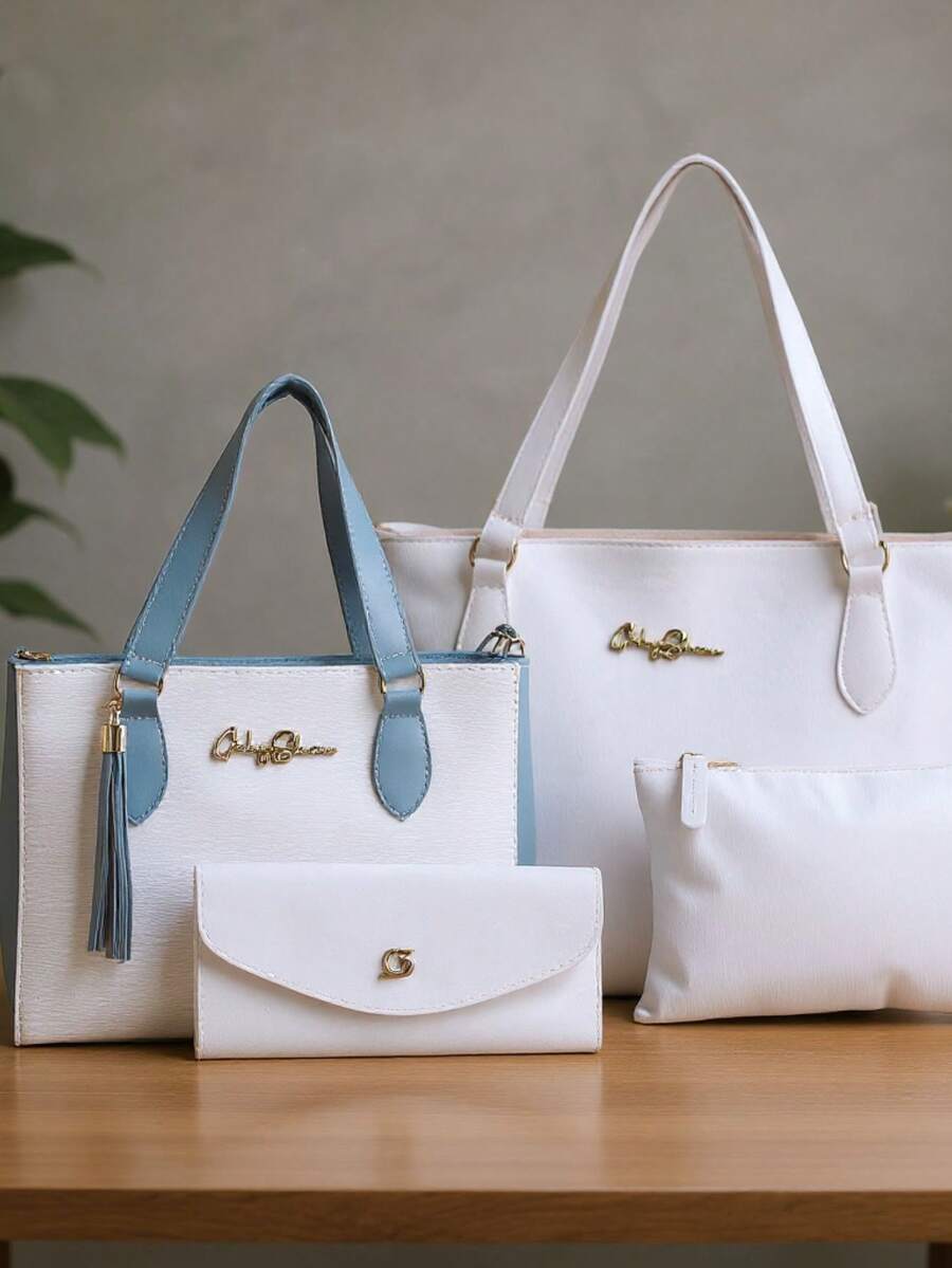Kit 4 Anjik Medium Women's Bags + Wallet + Tote Bag + Toiletry Bag, Zipper Closure, Synthetic PU, Everyday Bag, Luxurious, Elegant, Party, Work, School, University. Gaby Show - Blue and White - View 1