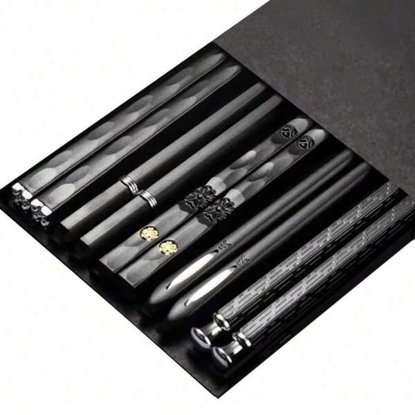5Pairs Reusable Durable Sushi Chopsticks Chopstick Alloy Chinese Chopstick Plastic Chopstick Kitchen Tableware Set(5 Pairs Black MixC)