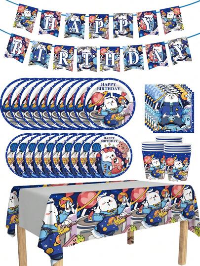 Juego de vajilla desechable de 100 piezas con diseño de oso espacial lindo, que incluye platos de papel de 7 pulgadas, cartón de 9 pulgadas, vasos de 9 onzas, servilletas, adecuado para reuniones diarias, fiestas de cumpleaños, despedidas de soltera, baby showers, clubes, bodas, meriendas, picnics, salidas al aire libre y fiestas temáticas.
